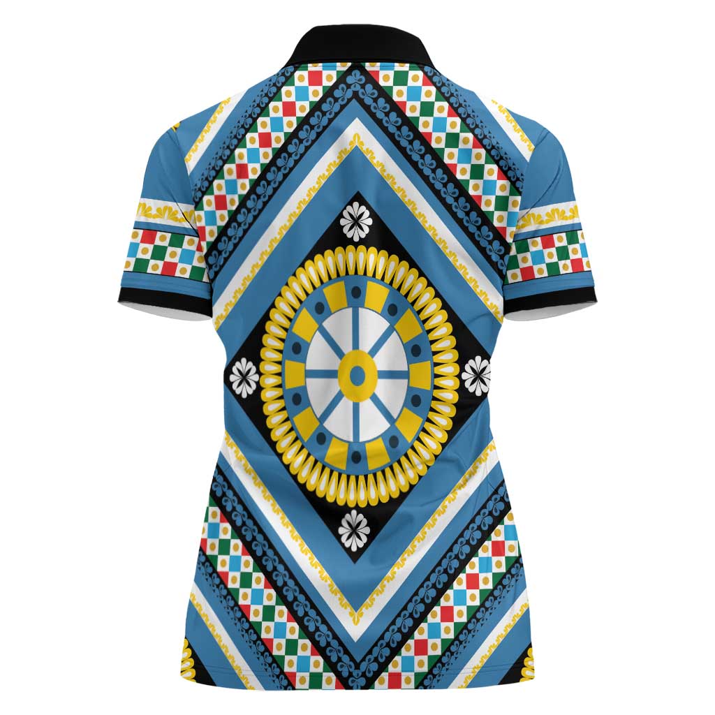 Sicily Italy Carretto Siciliano Women Polo Shirt Azure Sicilian Cart Wheel Pattern