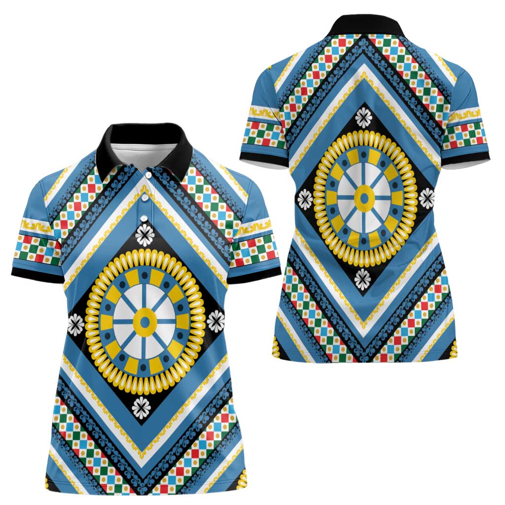 Sicily Italy Carretto Siciliano Women Polo Shirt Azure Sicilian Cart Wheel Pattern