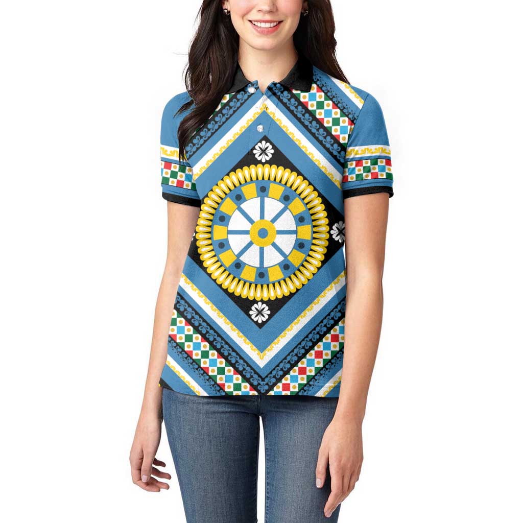 Sicily Italy Carretto Siciliano Women Polo Shirt Azure Sicilian Cart Wheel Pattern