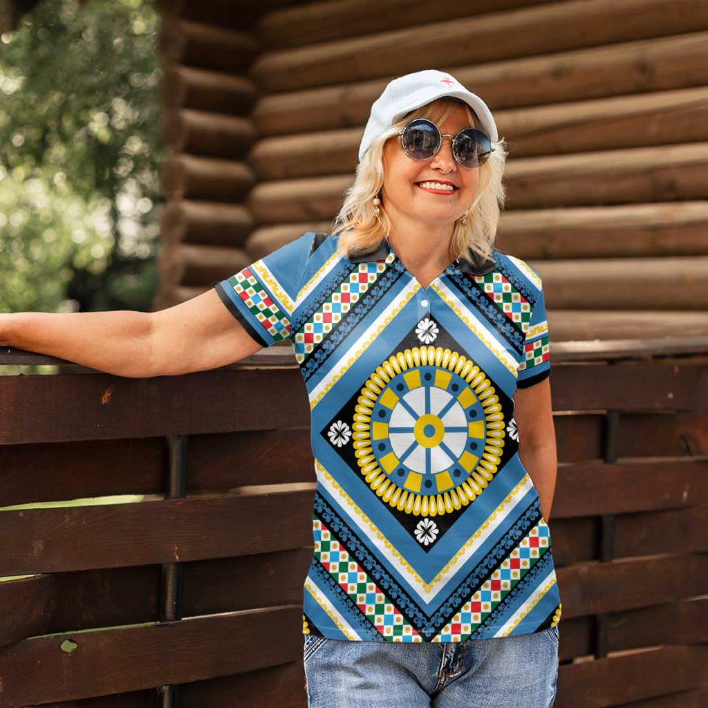 Sicily Italy Carretto Siciliano Women Polo Shirt Azure Sicilian Cart Wheel Pattern