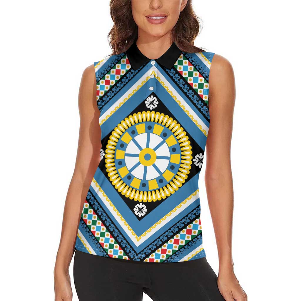 Sicily Italy Carretto Siciliano Women Sleeveless Polo Shirt Azure Sicilian Cart Wheel Pattern