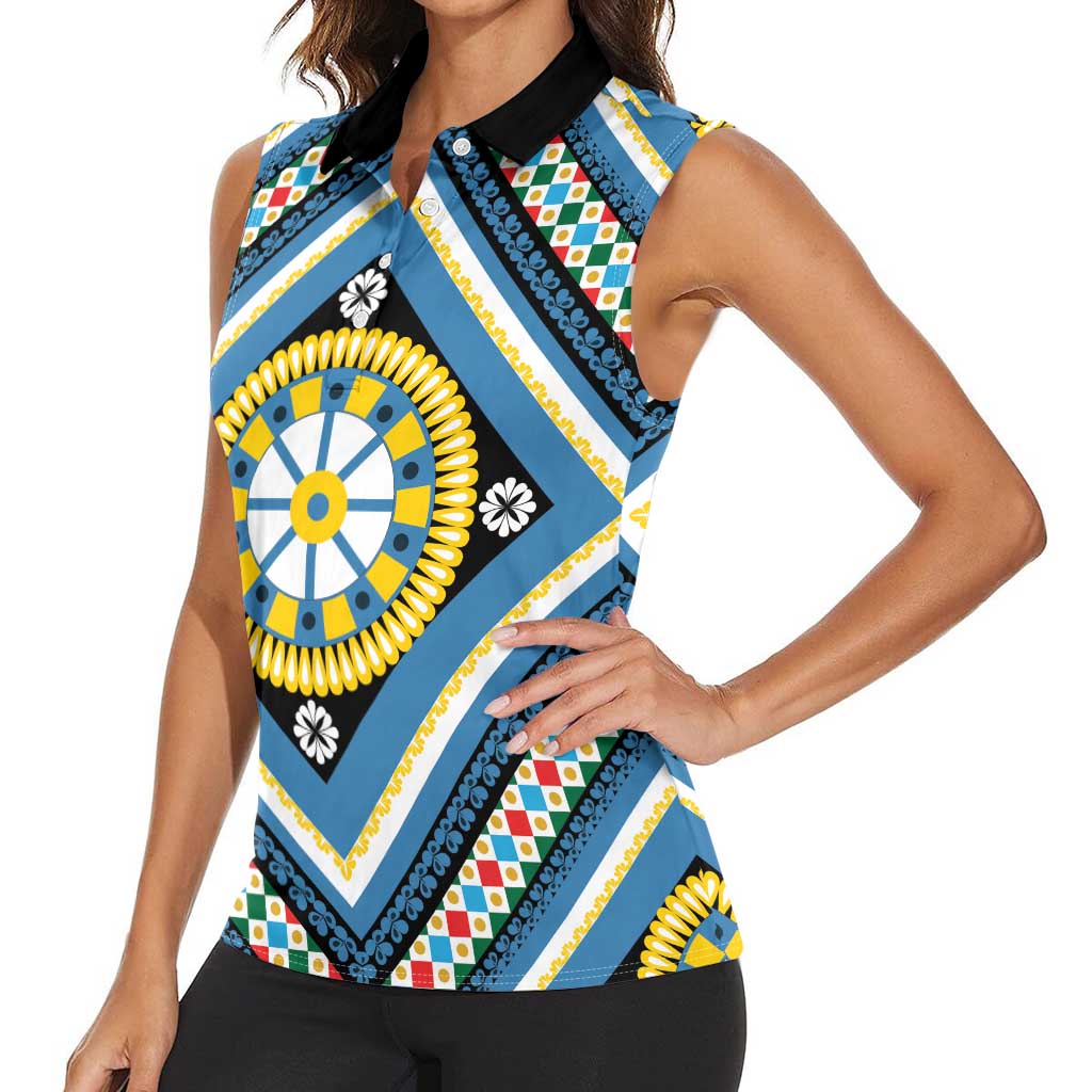 Sicily Italy Carretto Siciliano Women Sleeveless Polo Shirt Azure Sicilian Cart Wheel Pattern