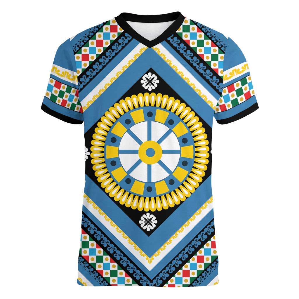 Sicily Italy Carretto Siciliano Women V-Neck T-Shirt Azure Sicilian Cart Wheel Pattern