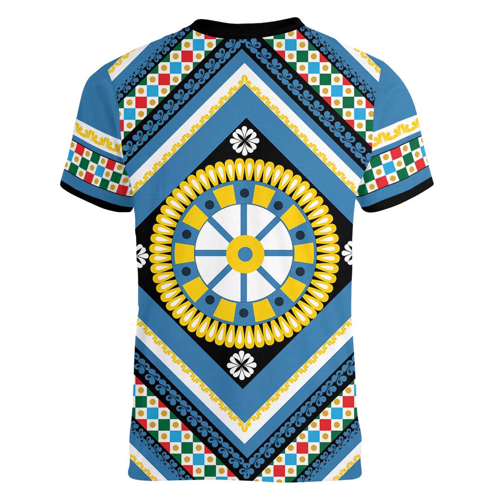 Sicily Italy Carretto Siciliano Women V-Neck T-Shirt Azure Sicilian Cart Wheel Pattern