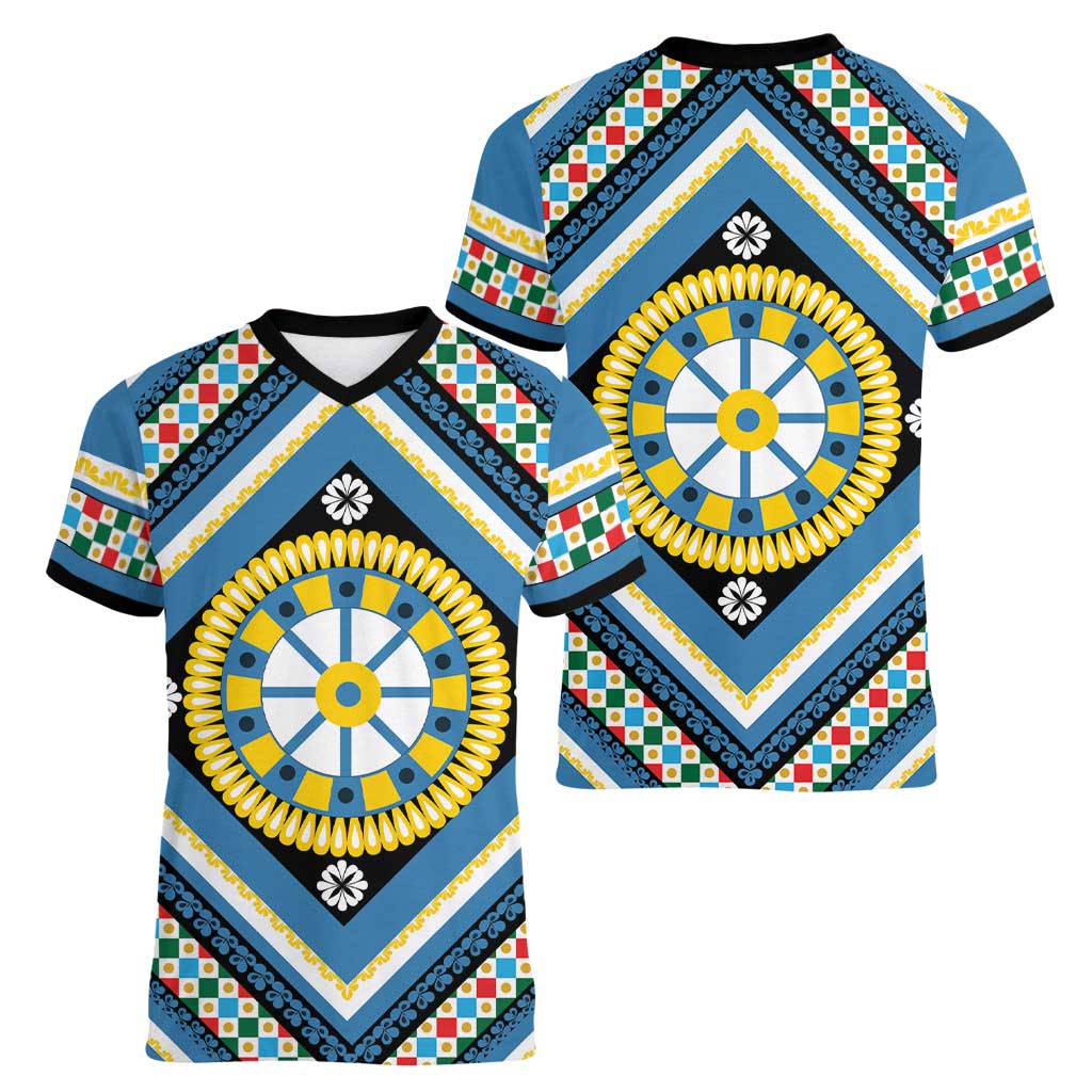 Sicily Italy Carretto Siciliano Women V-Neck T-Shirt Azure Sicilian Cart Wheel Pattern