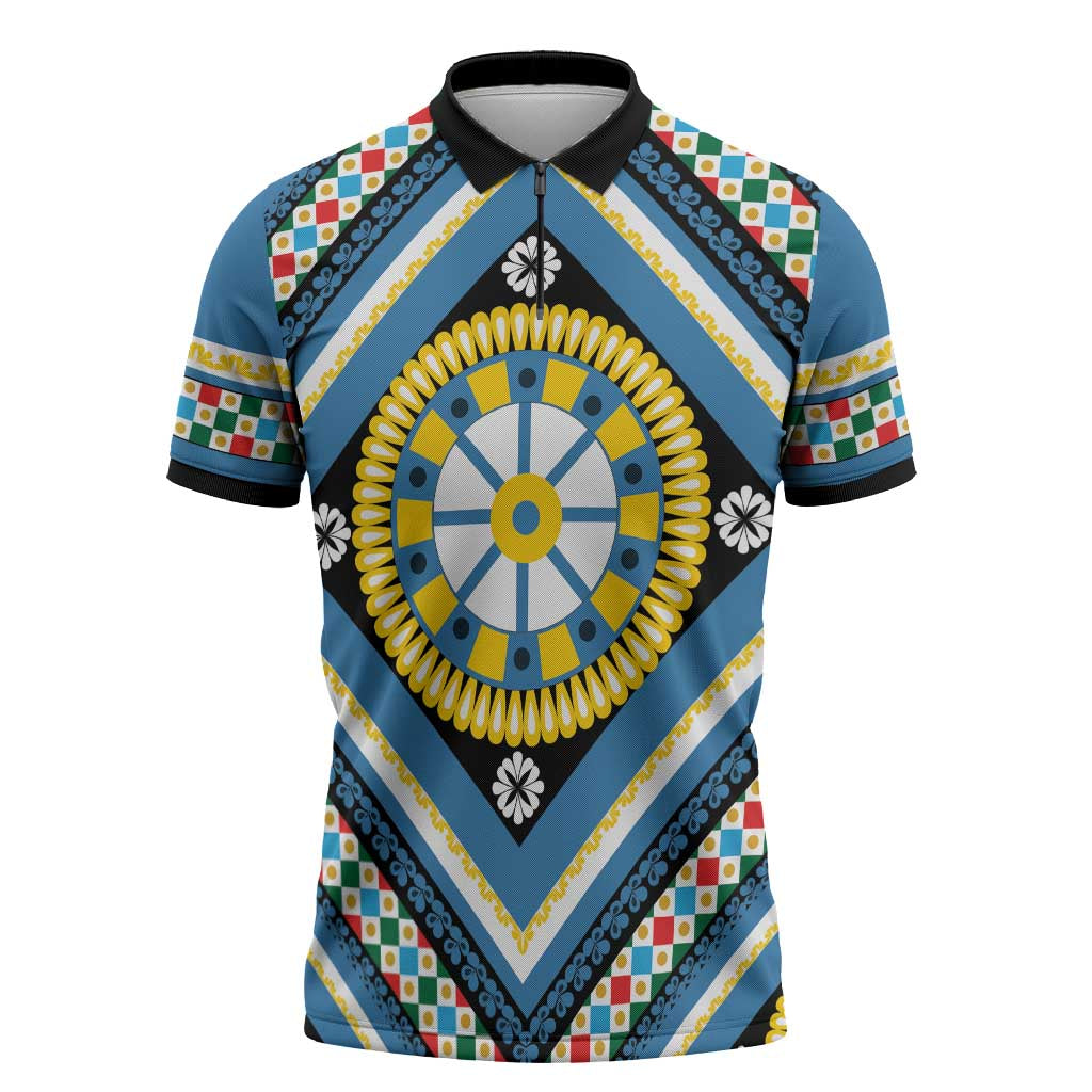 Sicily Italy Carretto Siciliano Zipper Polo Shirt Azure Sicilian Cart Wheel Pattern
