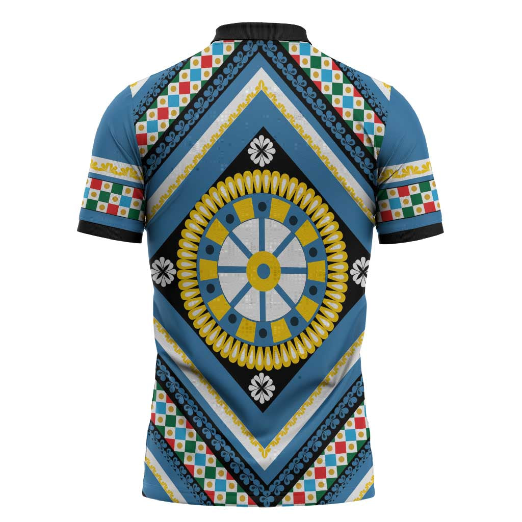 Sicily Italy Carretto Siciliano Zipper Polo Shirt Azure Sicilian Cart Wheel Pattern