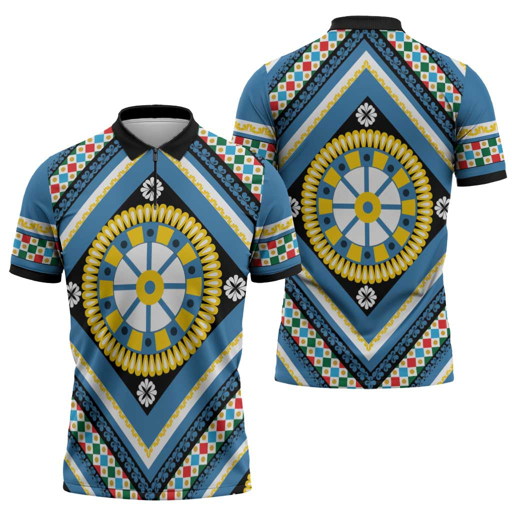 Sicily Italy Carretto Siciliano Zipper Polo Shirt Azure Sicilian Cart Wheel Pattern