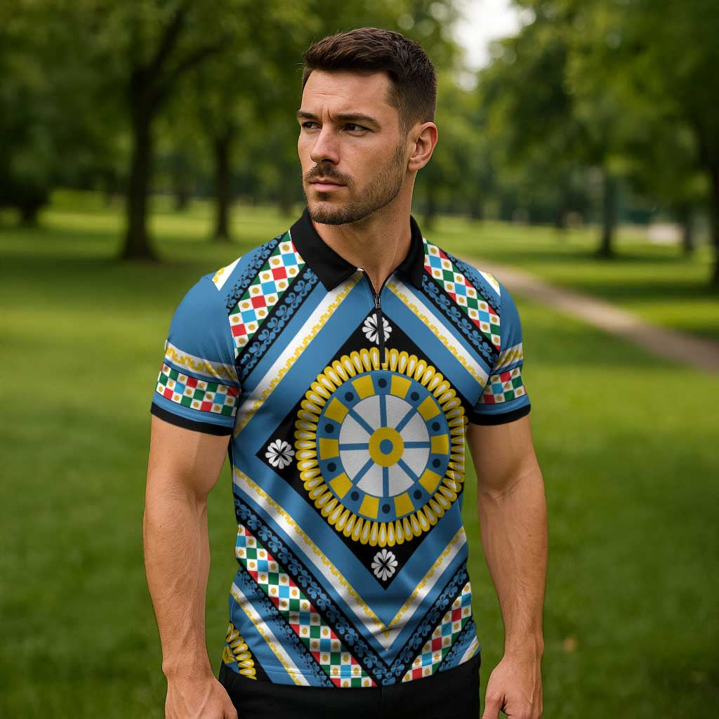 Sicily Italy Carretto Siciliano Zipper Polo Shirt Azure Sicilian Cart Wheel Pattern