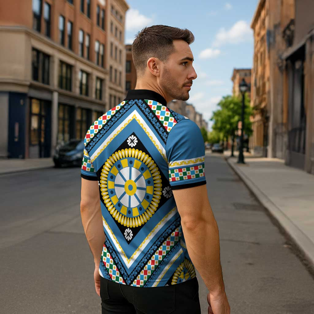 Sicily Italy Carretto Siciliano Zipper Polo Shirt Azure Sicilian Cart Wheel Pattern