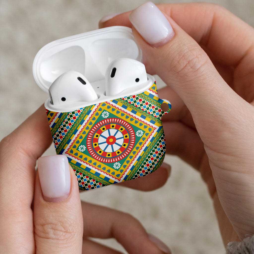Sicily Italy Carretto Siciliano AirPods Case Green Sicilian Cart Wheel Pattern