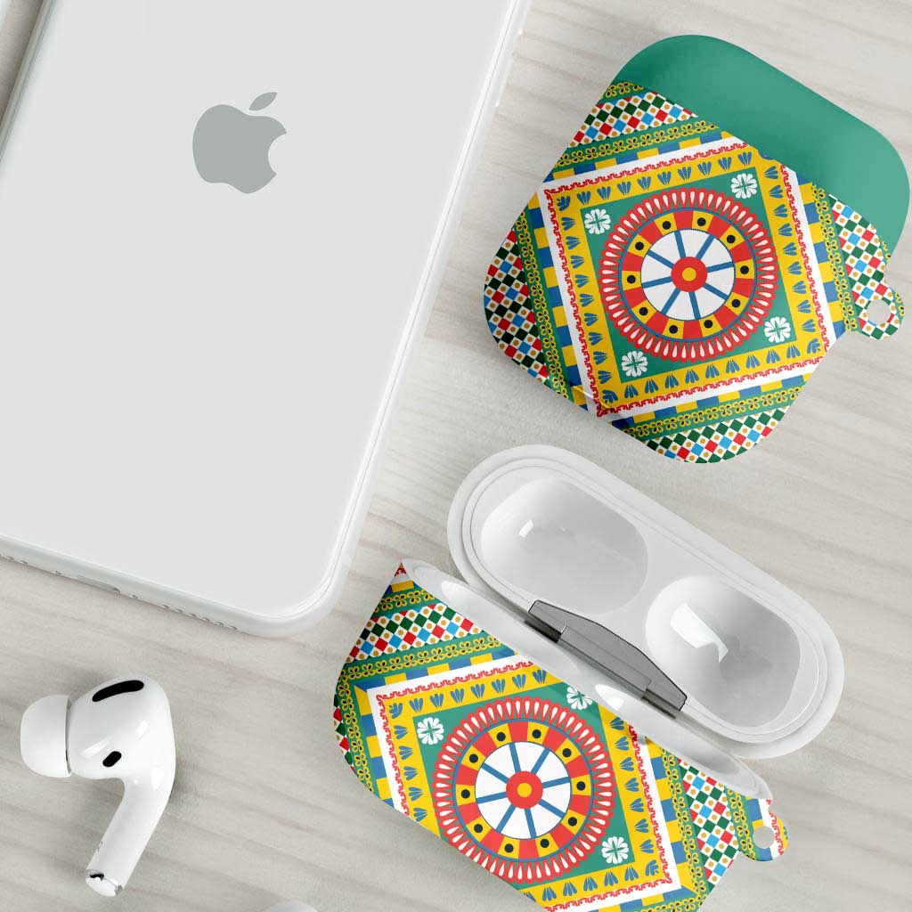 Sicily Italy Carretto Siciliano AirPods Case Green Sicilian Cart Wheel Pattern