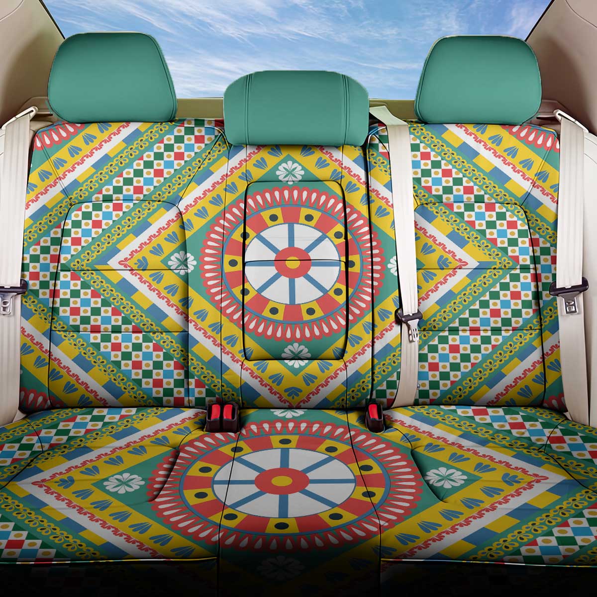 Sicily Italy Carretto Siciliano Back Car Seat Cover Green Sicilian Cart Wheel Pattern