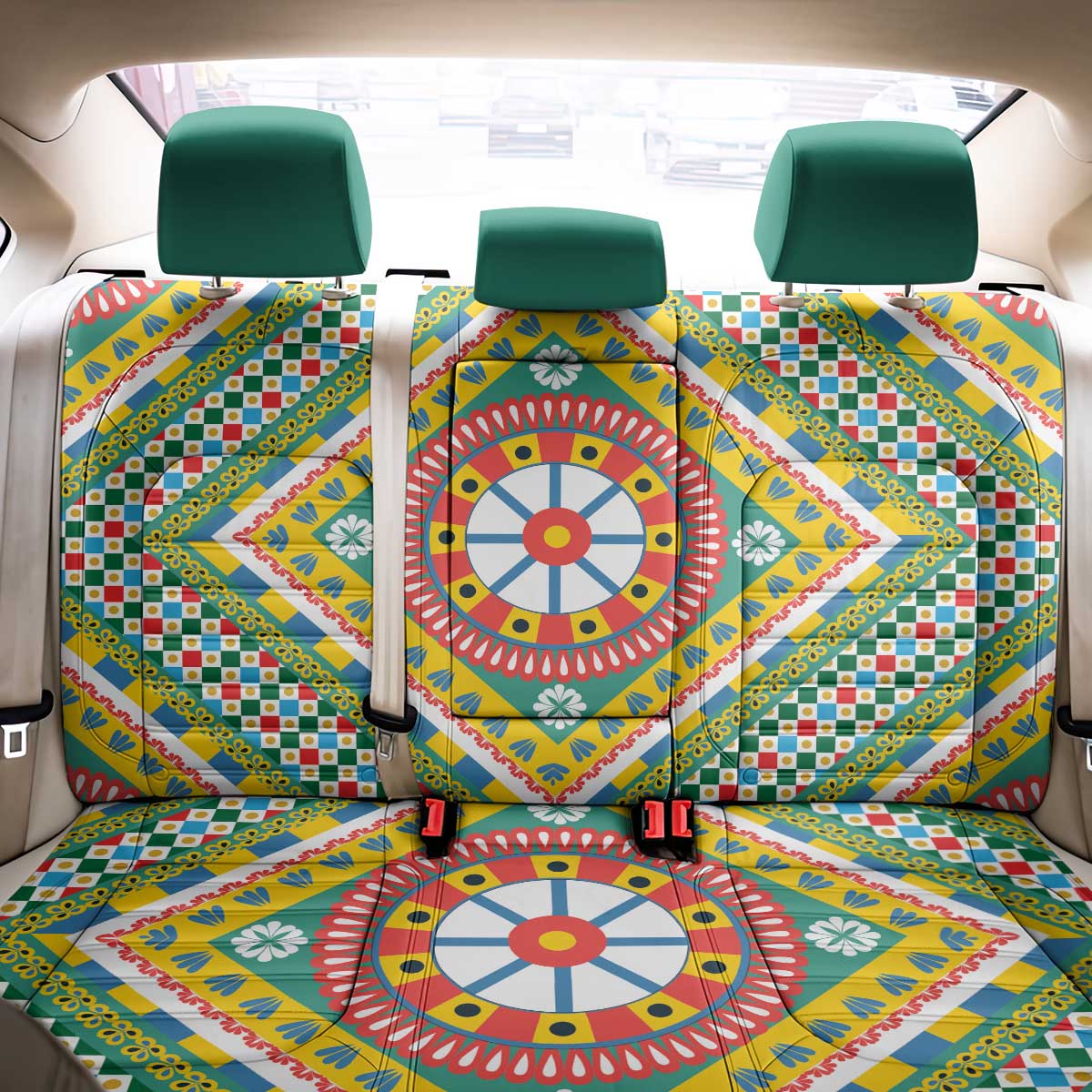Sicily Italy Carretto Siciliano Back Car Seat Cover Green Sicilian Cart Wheel Pattern