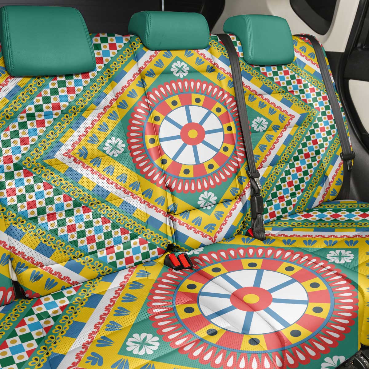 Sicily Italy Carretto Siciliano Back Car Seat Cover Green Sicilian Cart Wheel Pattern