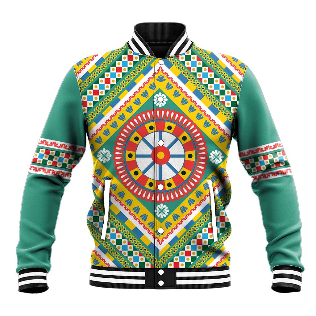 Sicily Italy Carretto Siciliano Baseball Jacket Green Sicilian Cart Wheel Pattern