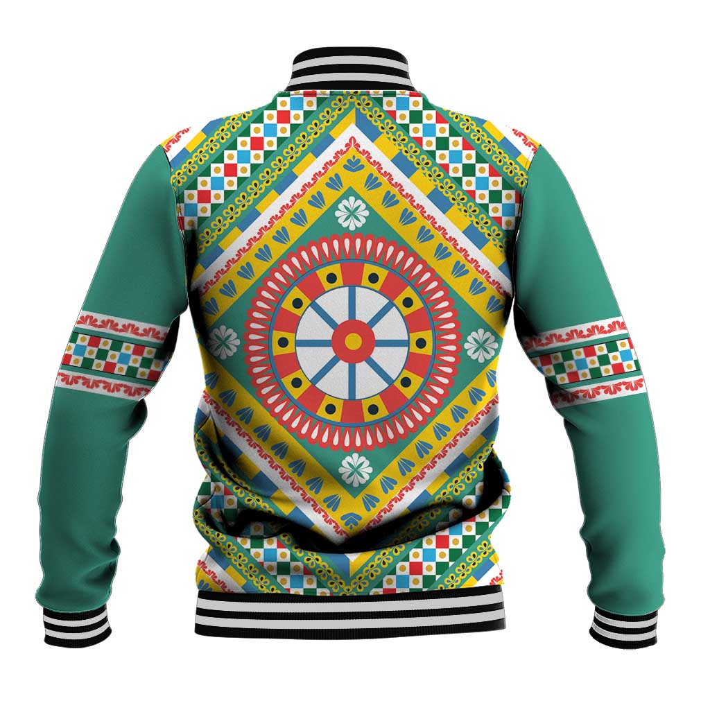 Sicily Italy Carretto Siciliano Baseball Jacket Green Sicilian Cart Wheel Pattern