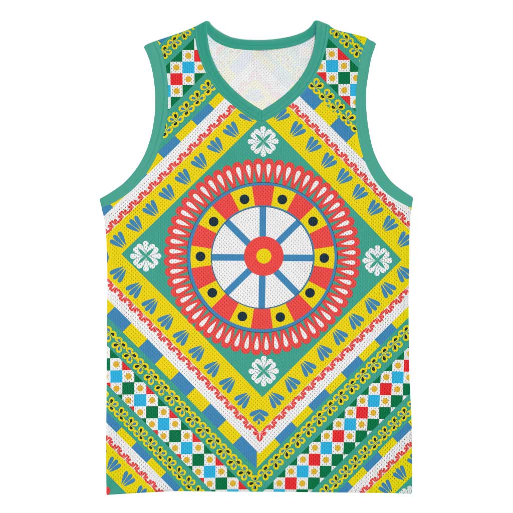Sicily Italy Carretto Siciliano Basketball Jersey Green Sicilian Cart Wheel Pattern