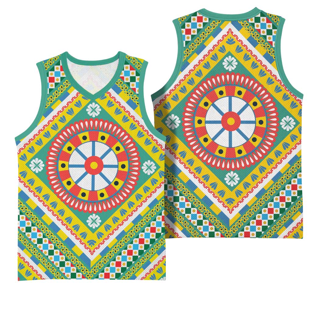 Sicily Italy Carretto Siciliano Basketball Jersey Green Sicilian Cart Wheel Pattern