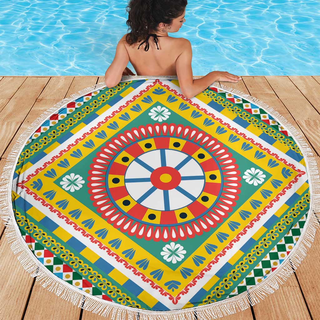 Sicily Italy Carretto Siciliano Beach Blanket Green Sicilian Cart Wheel Pattern