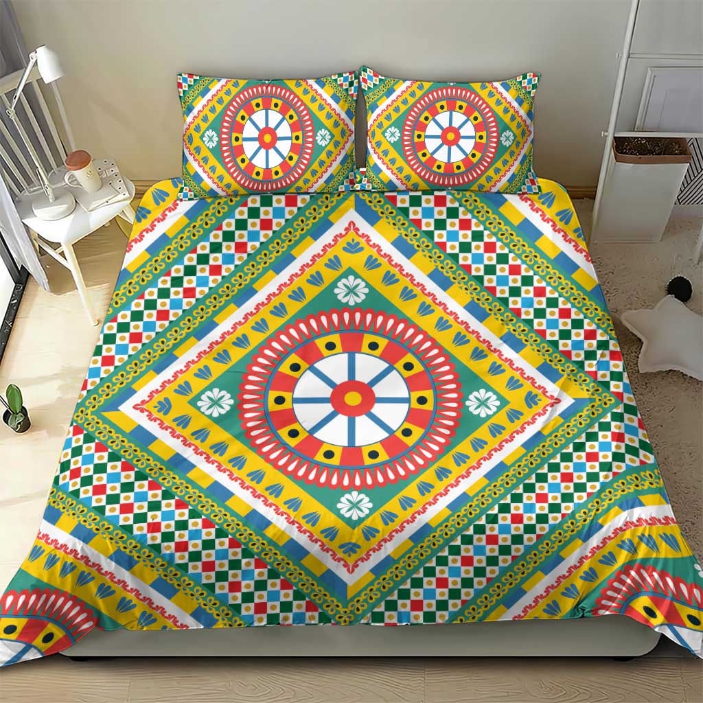 Sicily Italy Carretto Siciliano Bedding Set Green Sicilian Cart Wheel Pattern