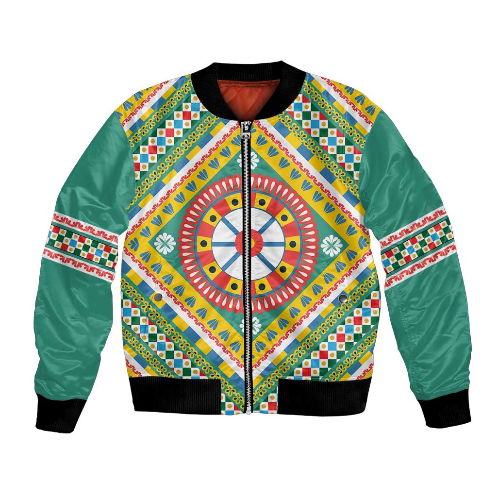 Sicily Italy Carretto Siciliano Bomber Jacket Green Sicilian Cart Wheel Pattern