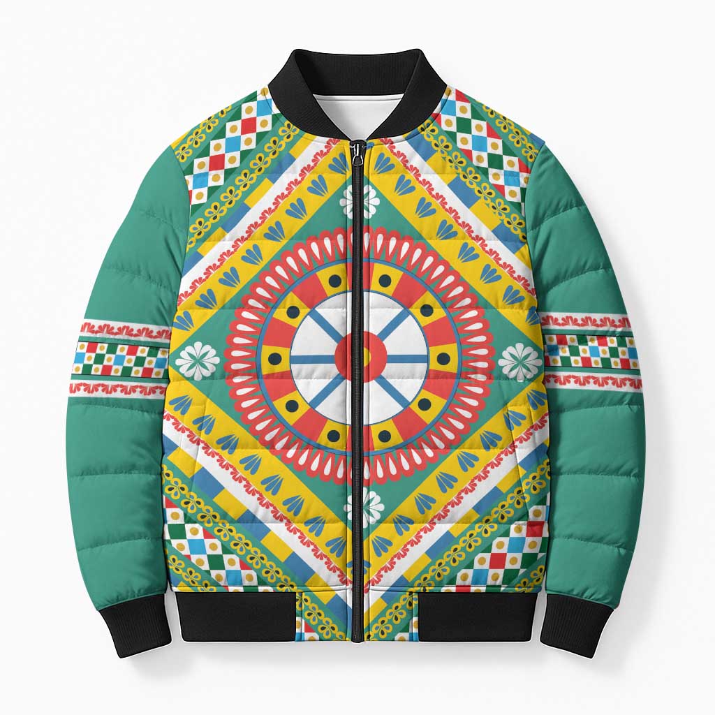 Sicily Italy Carretto Siciliano Bomber Puffer Jacket Green Sicilian Cart Wheel Pattern