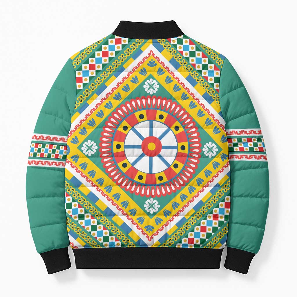 Sicily Italy Carretto Siciliano Bomber Puffer Jacket Green Sicilian Cart Wheel Pattern