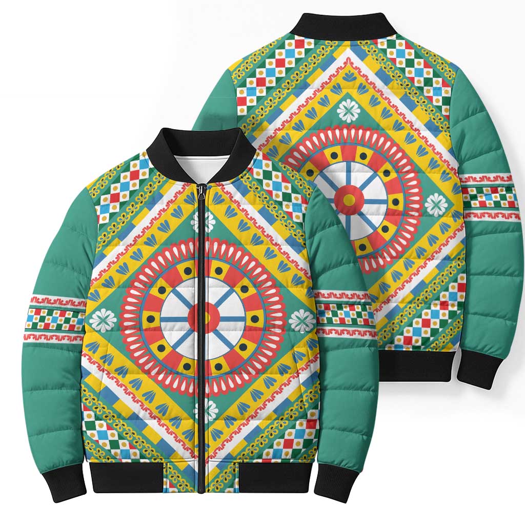 Sicily Italy Carretto Siciliano Bomber Puffer Jacket Green Sicilian Cart Wheel Pattern