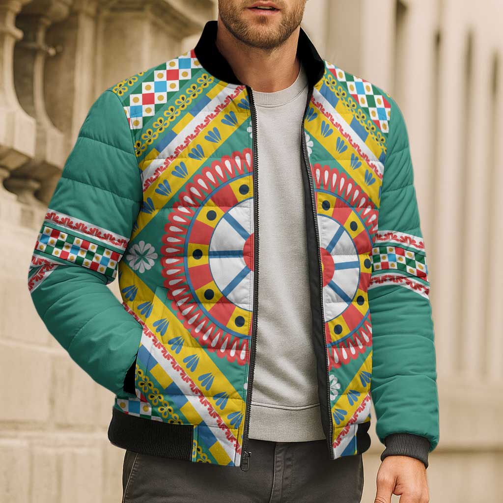 Sicily Italy Carretto Siciliano Bomber Puffer Jacket Green Sicilian Cart Wheel Pattern