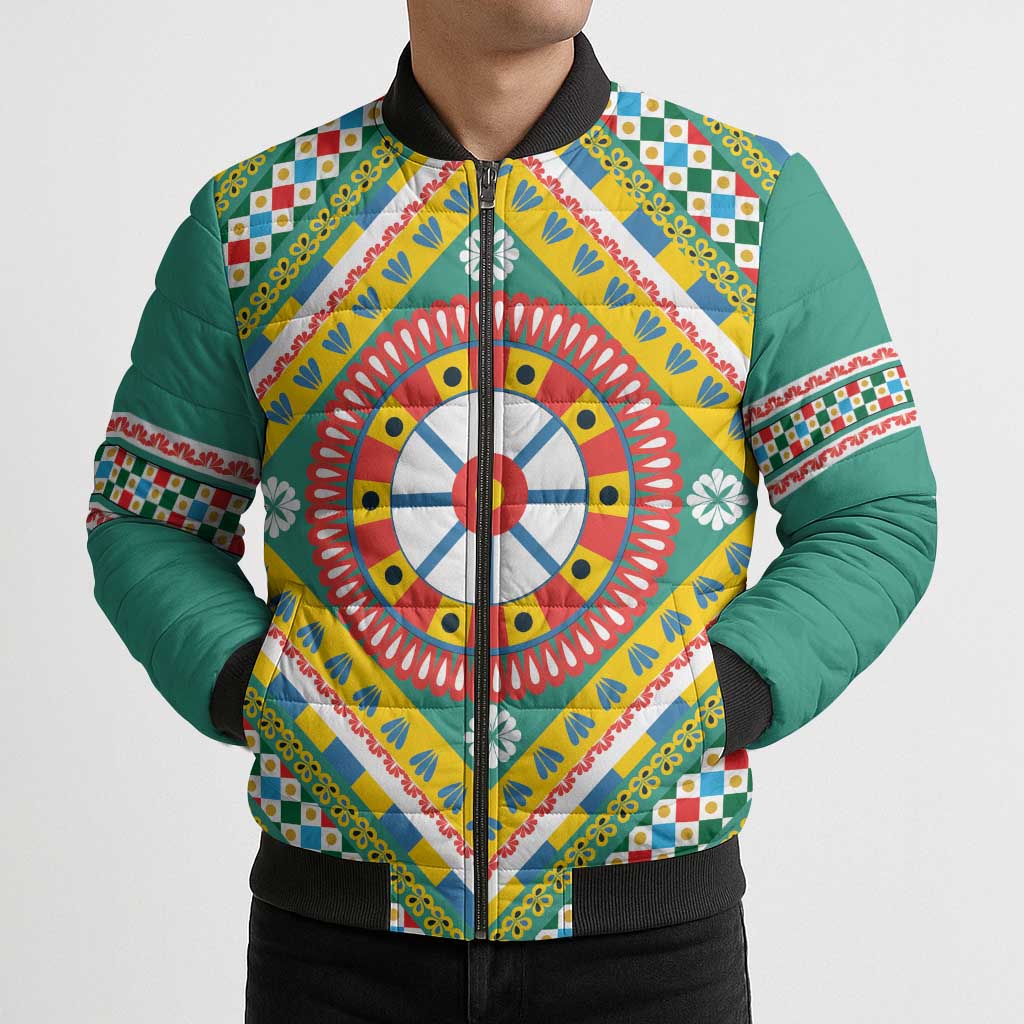 Sicily Italy Carretto Siciliano Bomber Puffer Jacket Green Sicilian Cart Wheel Pattern