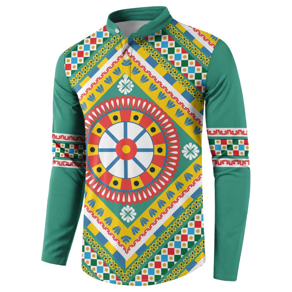 Sicily Italy Carretto Siciliano Button Sweatshirt Green Sicilian Cart Wheel Pattern
