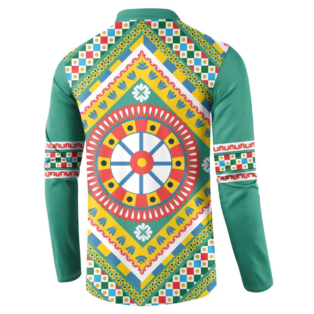 Sicily Italy Carretto Siciliano Button Sweatshirt Green Sicilian Cart Wheel Pattern
