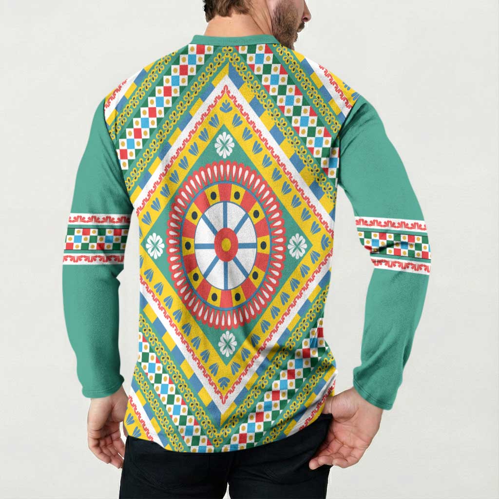 Sicily Italy Carretto Siciliano Button Sweatshirt Green Sicilian Cart Wheel Pattern