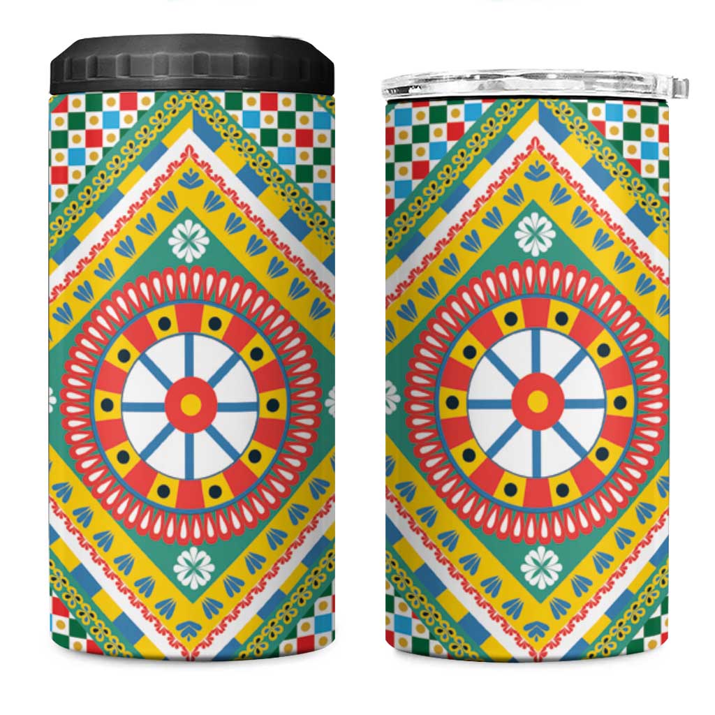 Sicily Italy Carretto Siciliano 4 in 1 Can Cooler Tumbler Green Sicilian Cart Wheel Pattern