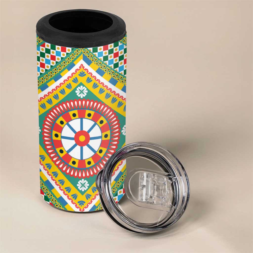 Sicily Italy Carretto Siciliano 4 in 1 Can Cooler Tumbler Green Sicilian Cart Wheel Pattern
