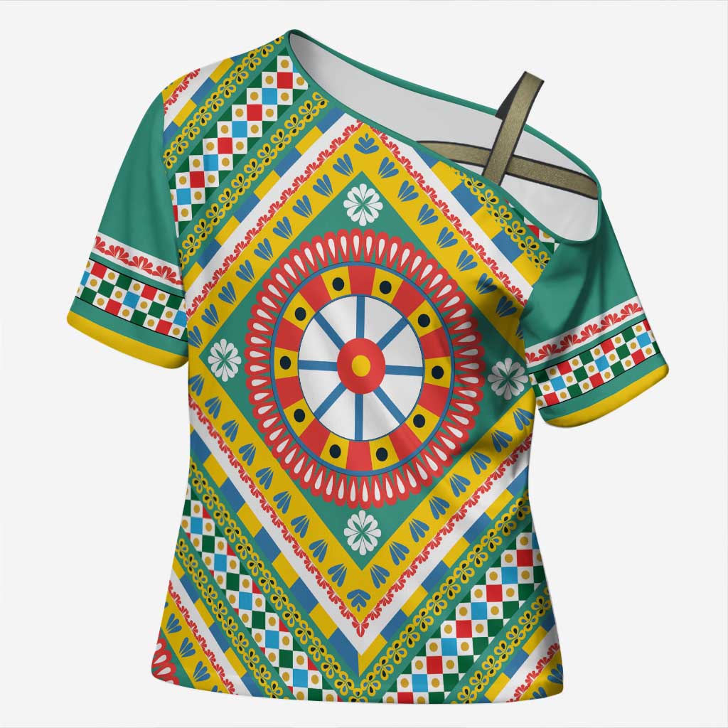 Sicily Italy Carretto Siciliano Cross Shoulder Shirt Green Sicilian Cart Wheel Pattern