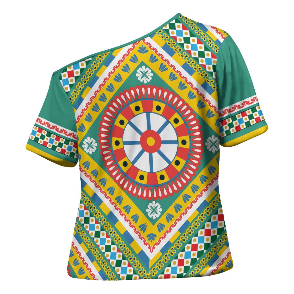 Sicily Italy Carretto Siciliano Cross Shoulder Shirt Green Sicilian Cart Wheel Pattern