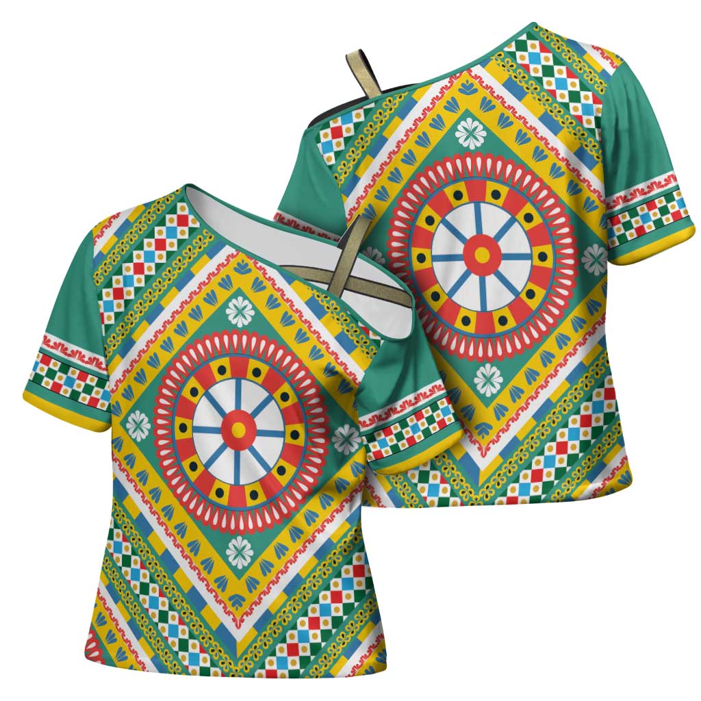 Sicily Italy Carretto Siciliano Cross Shoulder Shirt Green Sicilian Cart Wheel Pattern