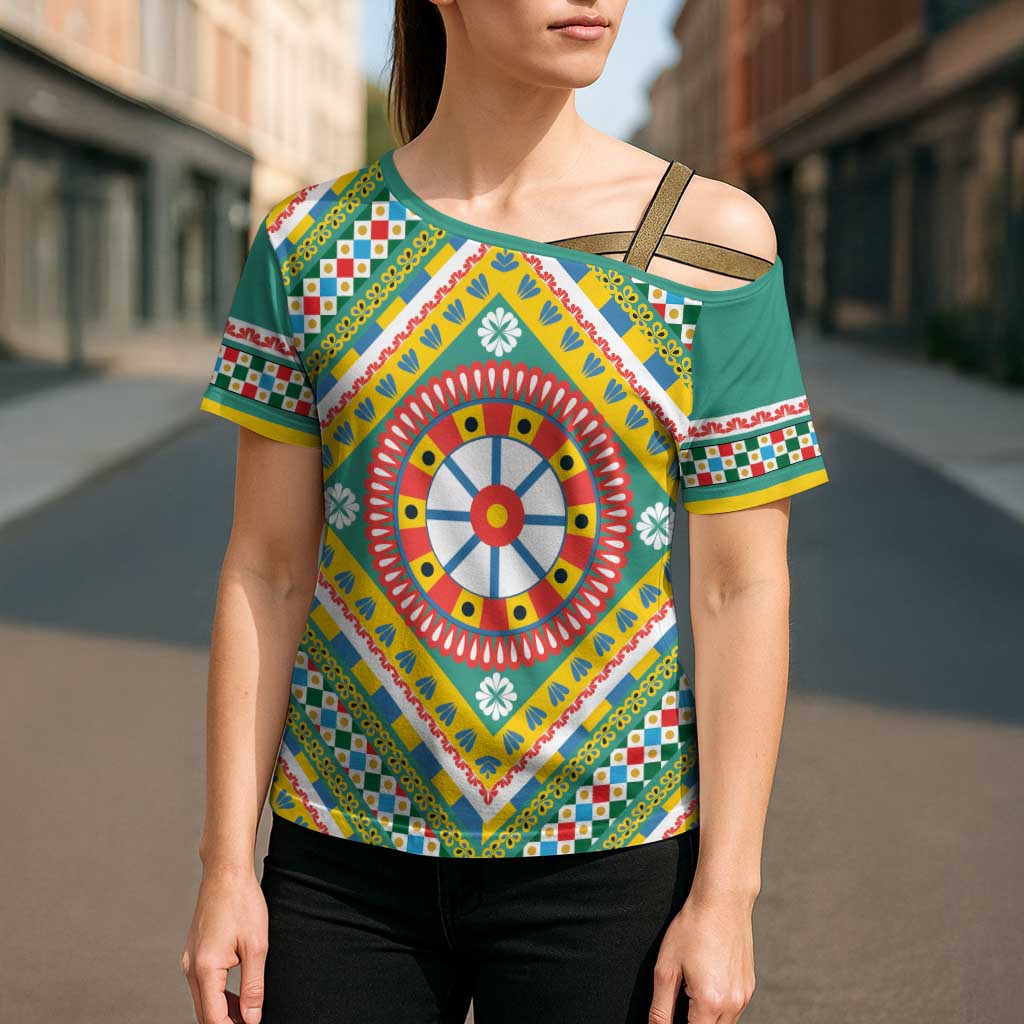 Sicily Italy Carretto Siciliano Cross Shoulder Shirt Green Sicilian Cart Wheel Pattern