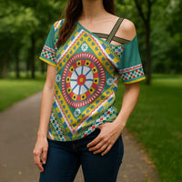 Sicily Italy Carretto Siciliano Cross Shoulder Shirt Green Sicilian Cart Wheel Pattern