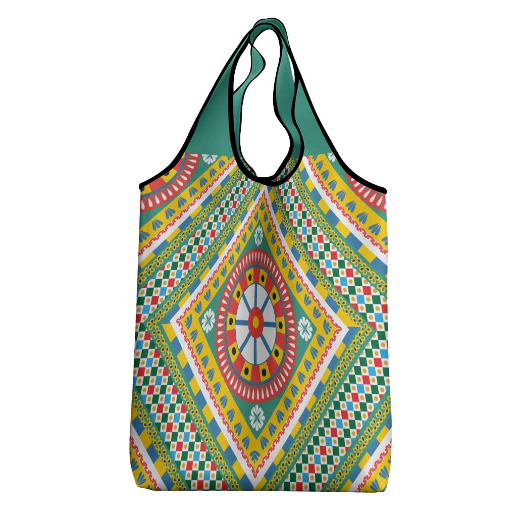 Sicily Italy Carretto Siciliano Grocery Bag Green Sicilian Cart Wheel Pattern