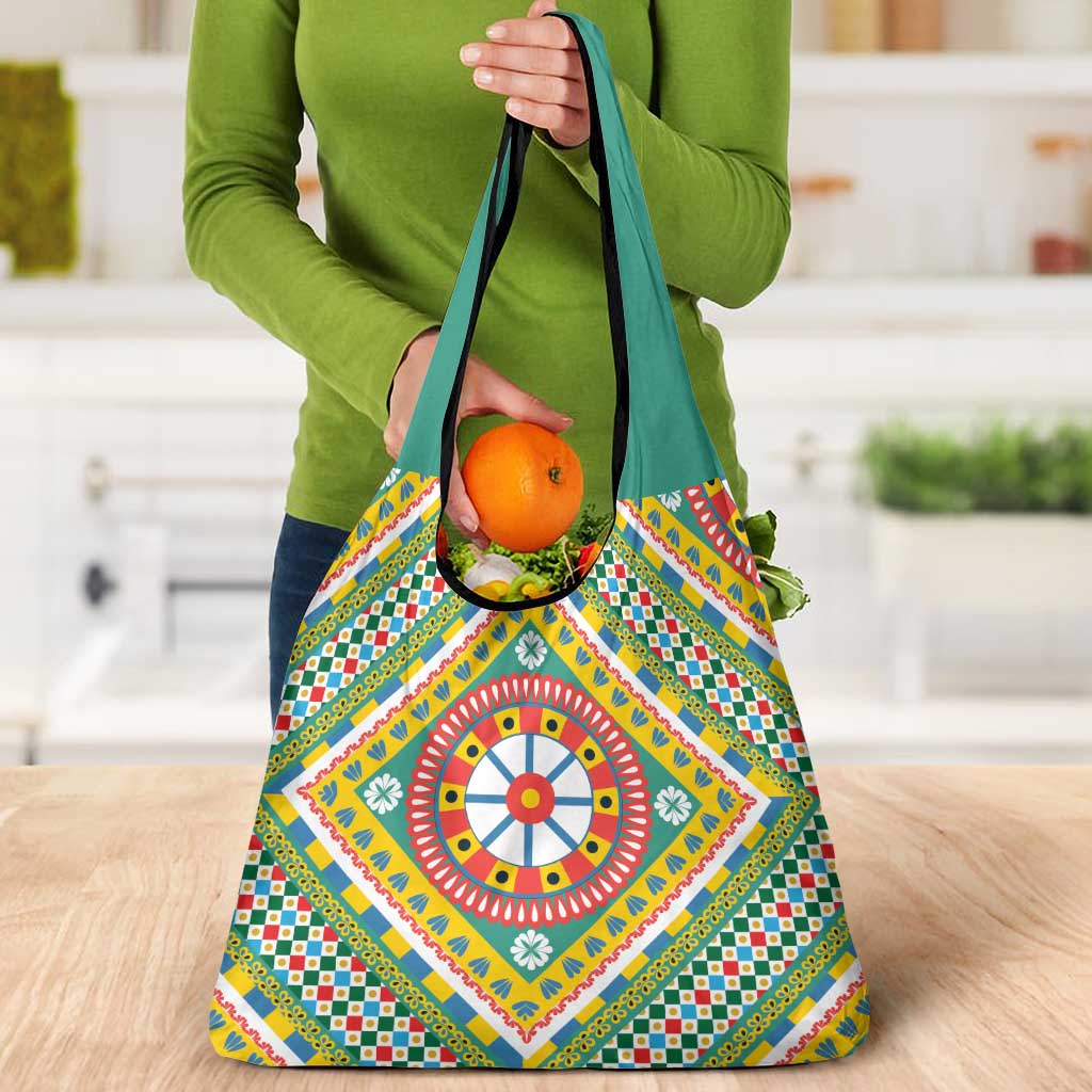 Sicily Italy Carretto Siciliano Grocery Bag Green Sicilian Cart Wheel Pattern
