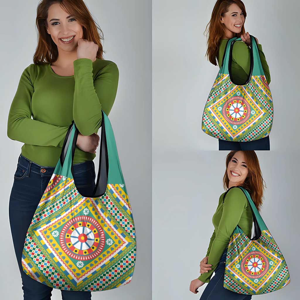 Sicily Italy Carretto Siciliano Grocery Bag Green Sicilian Cart Wheel Pattern