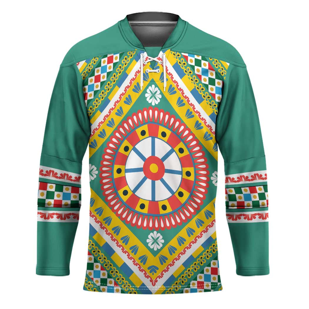 Sicily Italy Carretto Siciliano Hockey Jersey Green Sicilian Cart Wheel Pattern