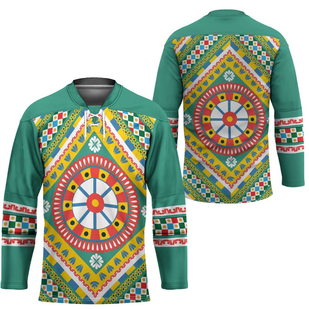 Sicily Italy Carretto Siciliano Hockey Jersey Green Sicilian Cart Wheel Pattern