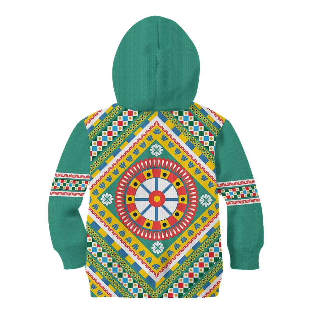 Sicily Italy Carretto Siciliano Kid Hoodie Green Sicilian Cart Wheel Pattern