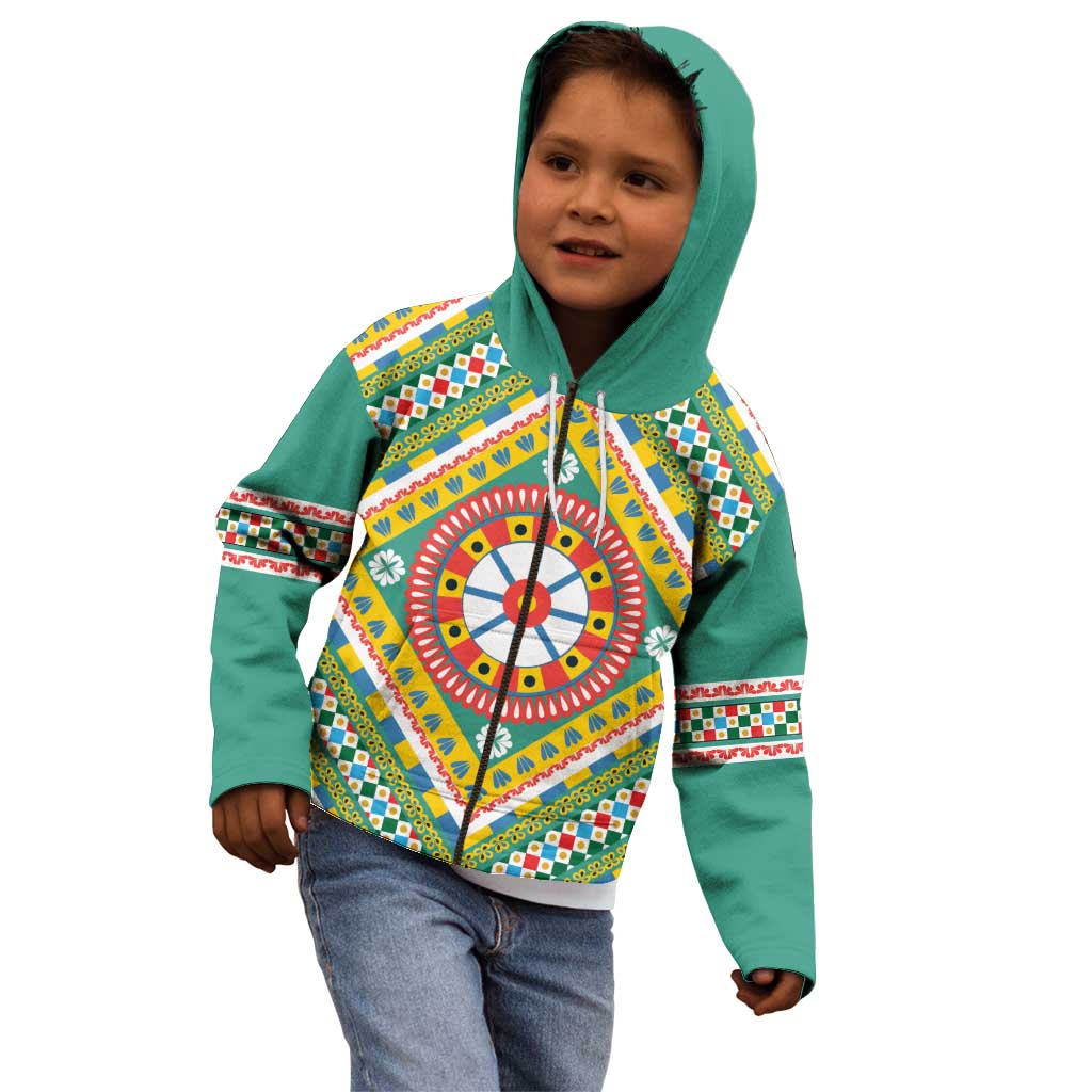 Sicily Italy Carretto Siciliano Kid Hoodie Green Sicilian Cart Wheel Pattern