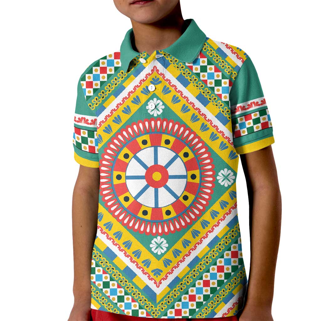 Sicily Italy Carretto Siciliano Kid Polo Shirt Green Sicilian Cart Wheel Pattern