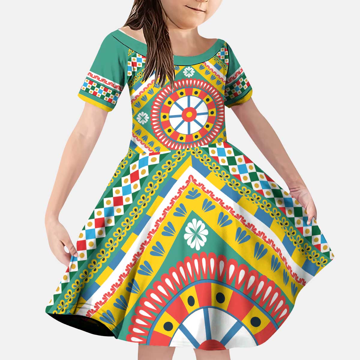 Sicily Italy Carretto Siciliano Kid Short Sleeve Dress Green Sicilian Cart Wheel Pattern